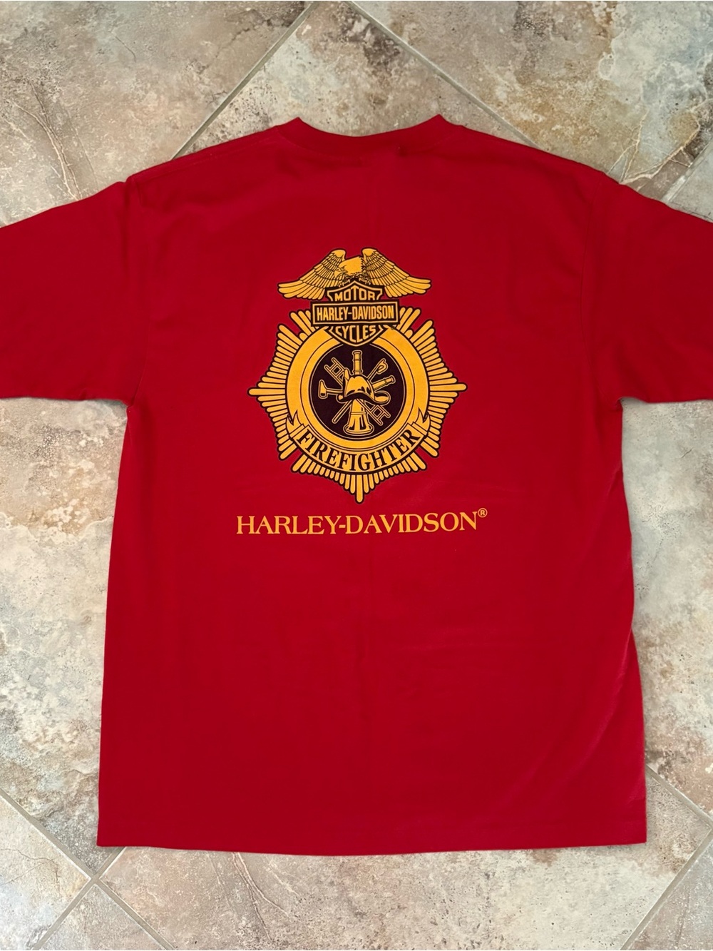 Harley Davidson Red Firefighter Short Sleeve Shirt Logo Eagle Gold Classic Biker